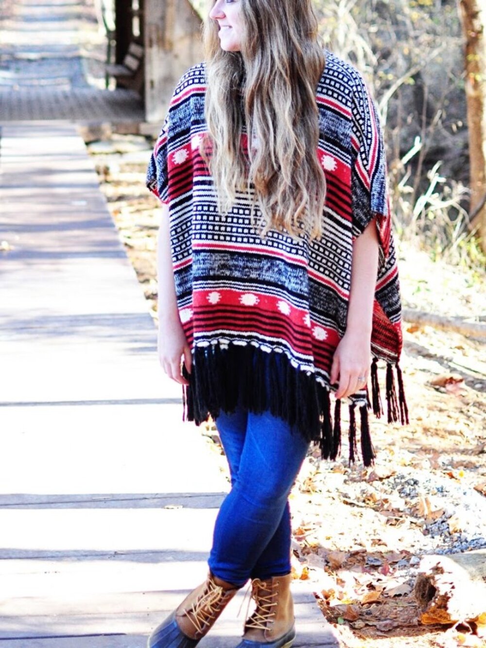 Cozy Southwestern-patterned turtleneck fringe poncho size S/M